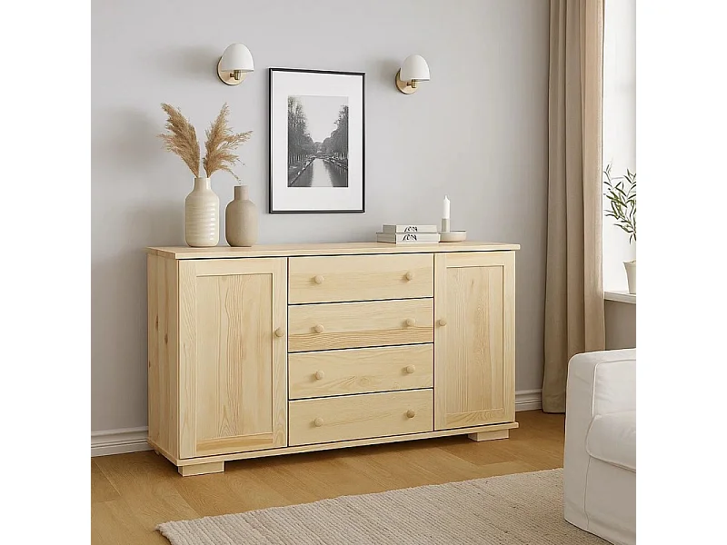 Komoda z drewna litego 137 cm Modern, 2 drzwi, 4 szuflady, sosnowa