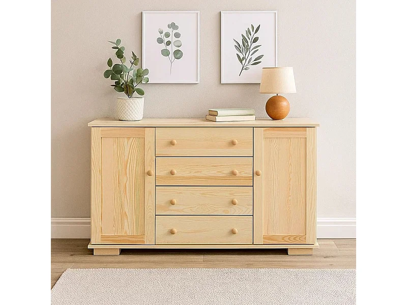 Komoda z drewna litego 137 cm Modern, 2 drzwi, 4 szuflady, sosnowa