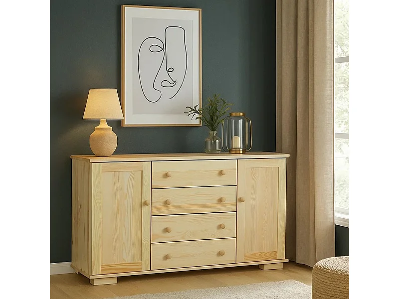 Komoda z drewna litego 137 cm Modern, 2 drzwi, 4 szuflady, sosnowa