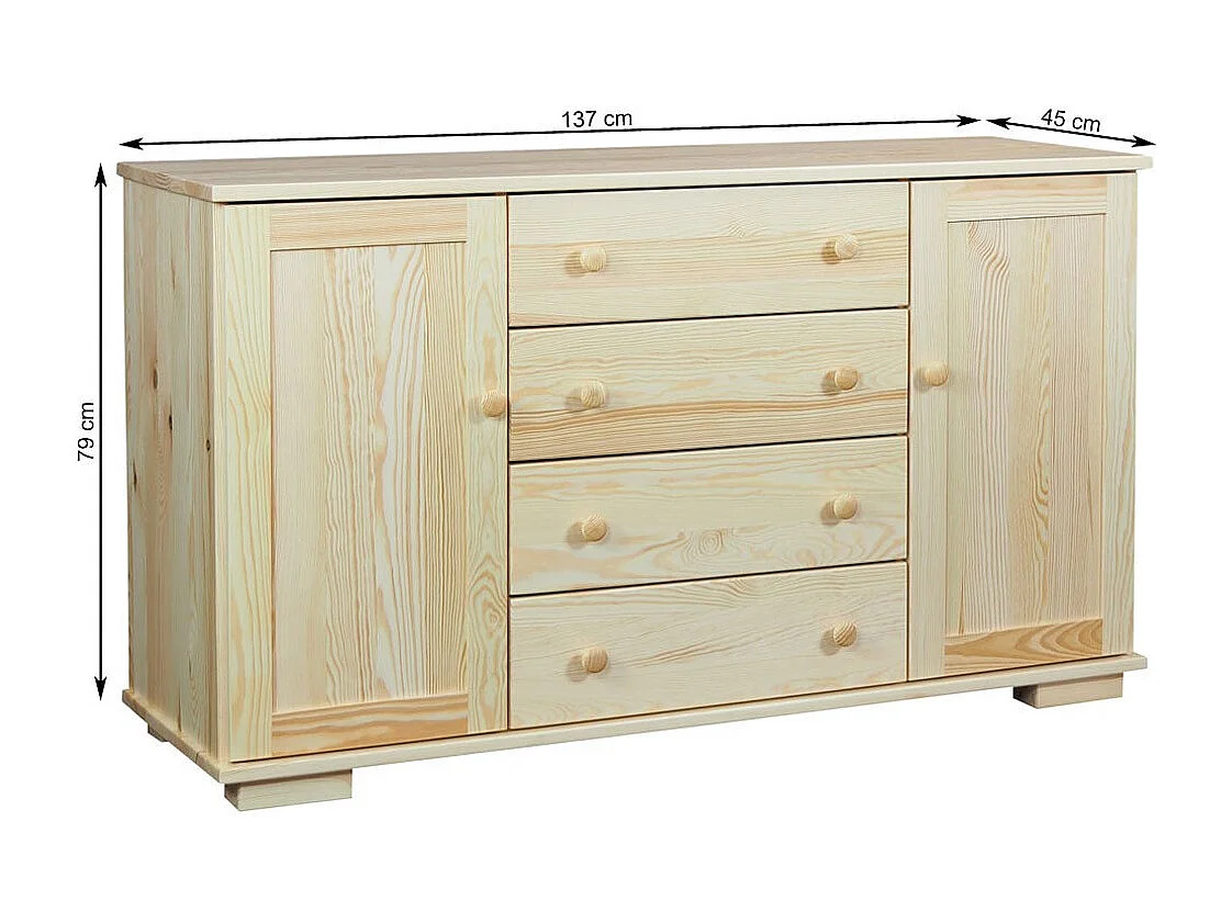 Komoda z drewna litego 137 cm Modern, 2 drzwi, 4 szuflady, sosnowa