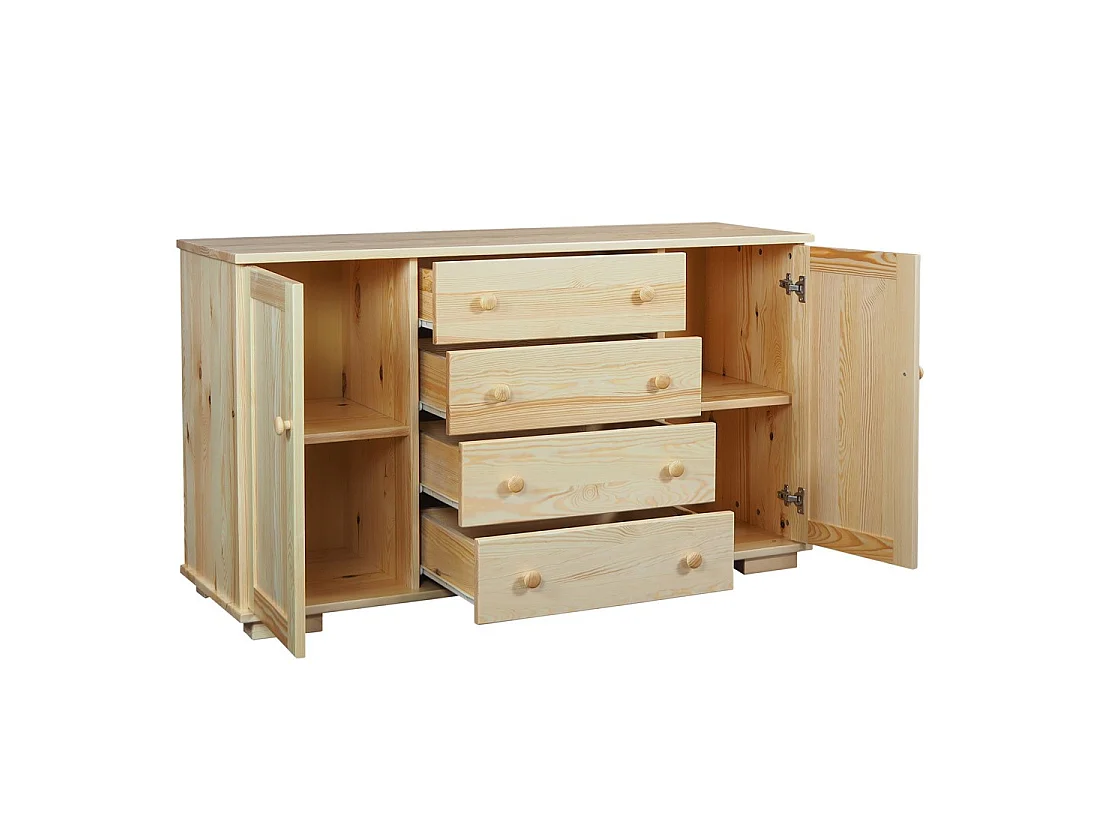 Komoda z drewna litego 137 cm Modern, 2 drzwi, 4 szuflady, sosnowa