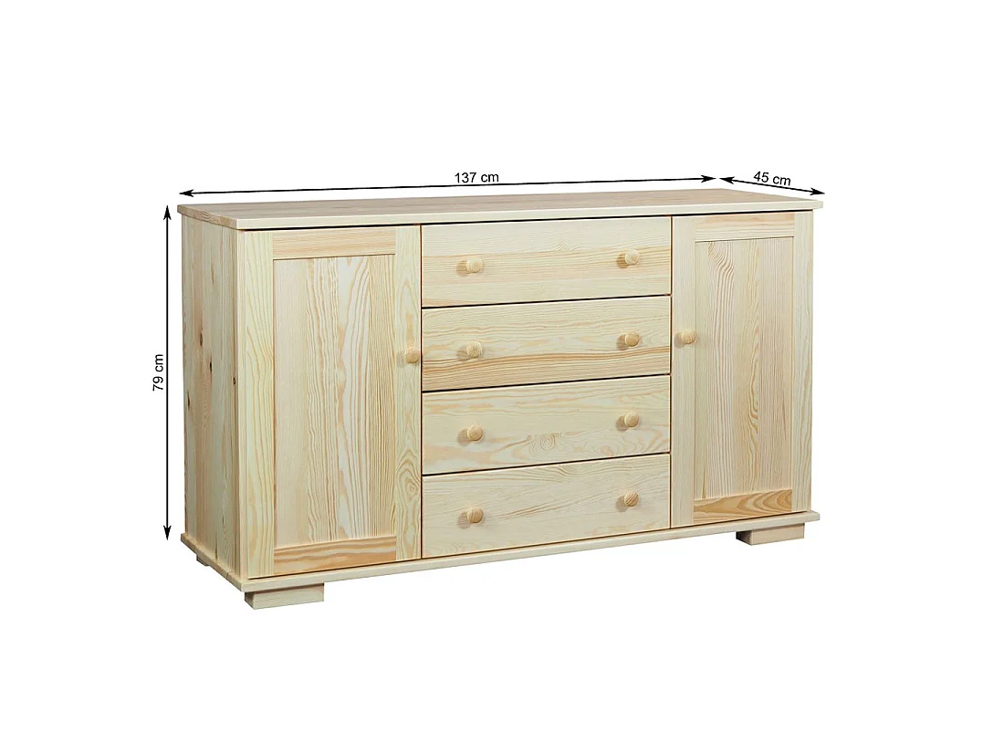 Komoda z drewna litego 137 cm Modern, 2 drzwi, 4 szuflady, sosnowa