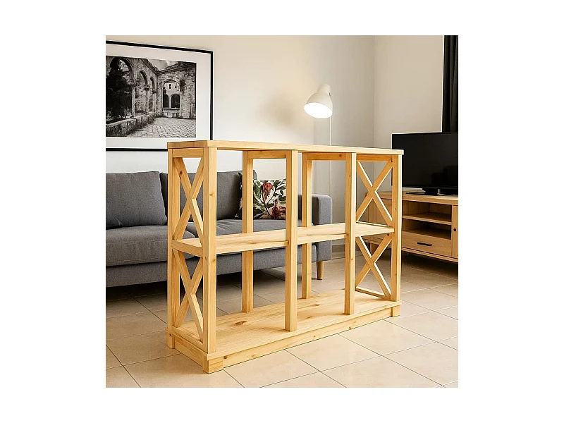 Regał drewniany Retro I prowansalski z krzyżami i półkami, sosnowy