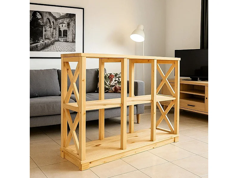 Regał drewniany Retro I prowansalski z krzyżami i półkami, sosnowy