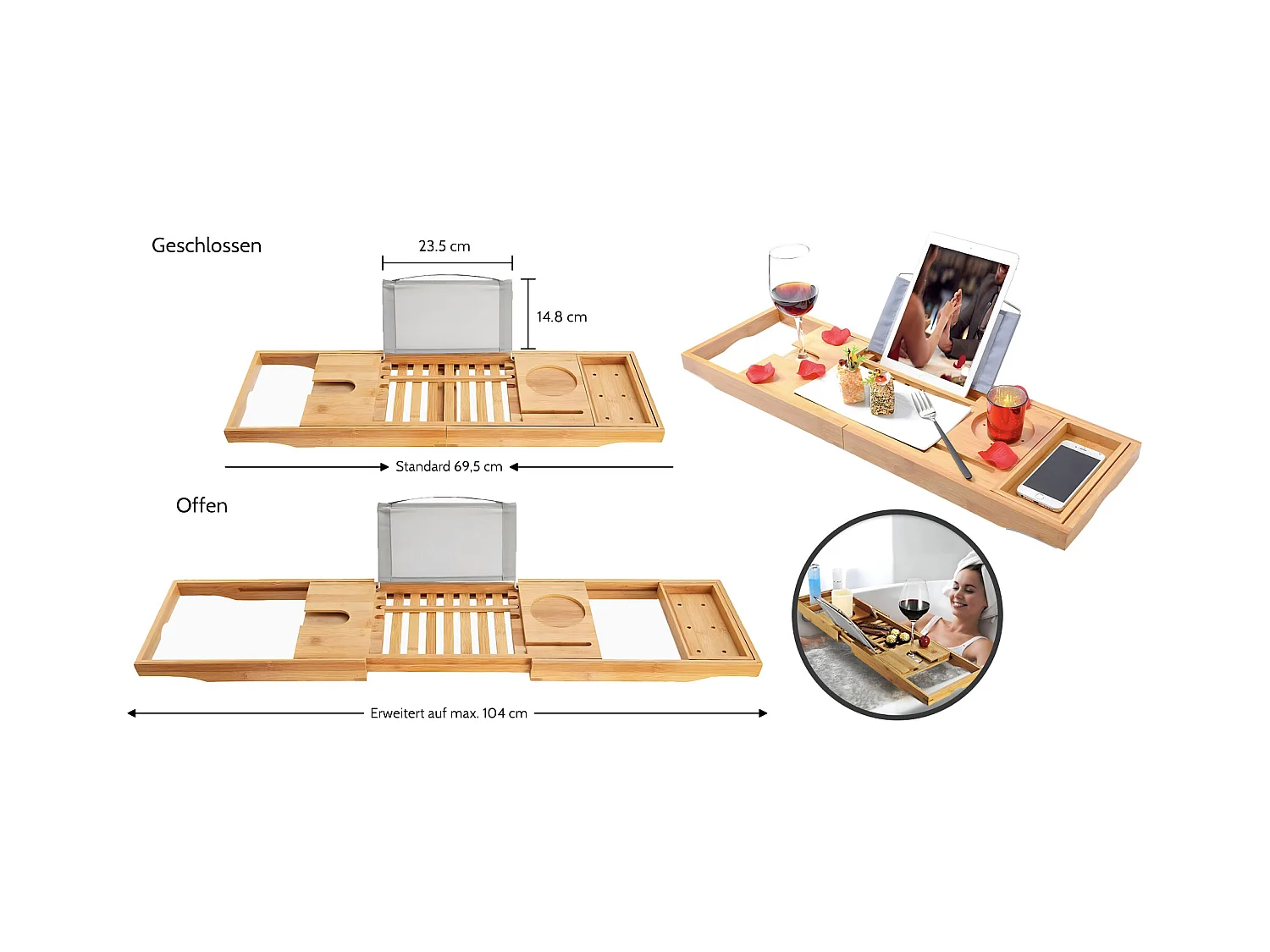 Baignoire asymétrique 180x80 Gauche AVITA acrylique blanc, sans Habillage + Étagère bambou + Pieds + Vidage à chromé