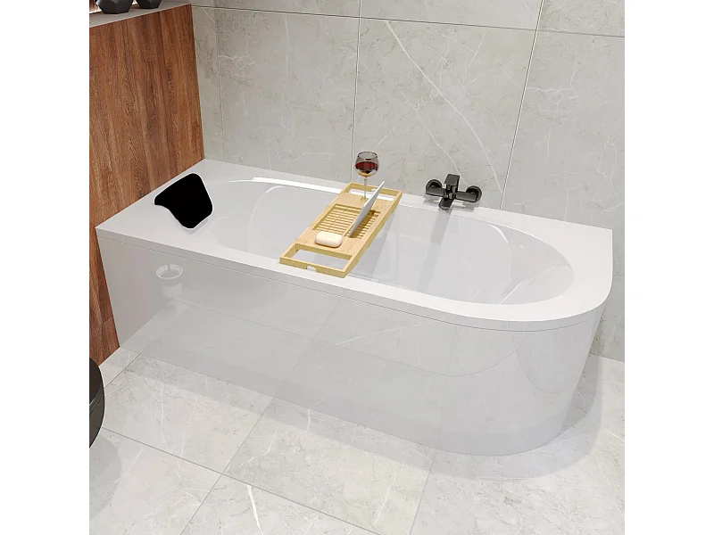 Baignoire asymétrique 180x80 Gauche AVITA acrylique blanc, sans Habillage + Étagère bambou + Pieds + Vidage à chromé