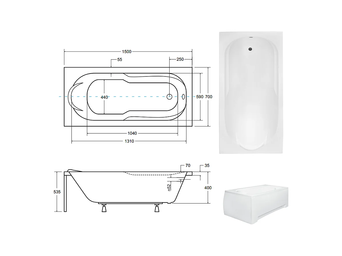Badewanne Rechteck BONA 150x70 + Bambus Badewannenablage | Ablauf & Füße GRATIS !