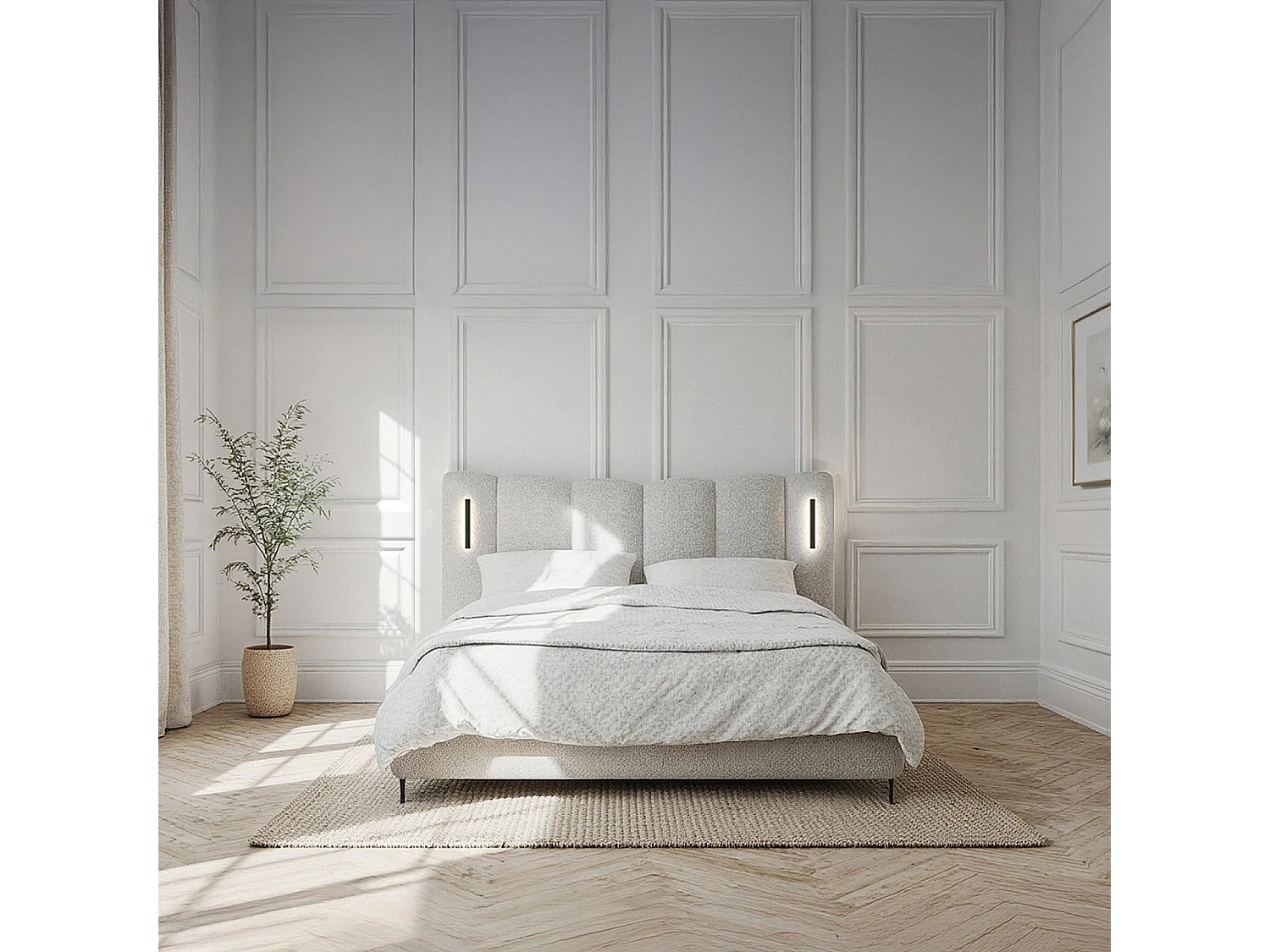 Lit coffre 160 x 200 cm en tissu texturé avec LEDs intégrées - Gris chiné