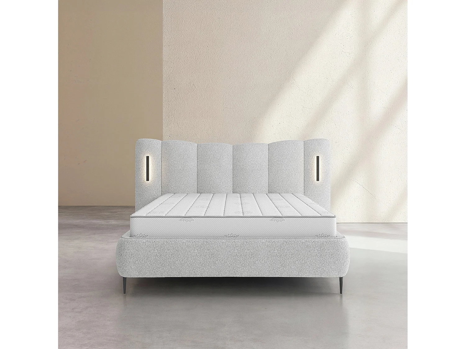 Lit coffre 160 x 200 cm en tissu texturé avec LEDs intégrées - Gris chiné