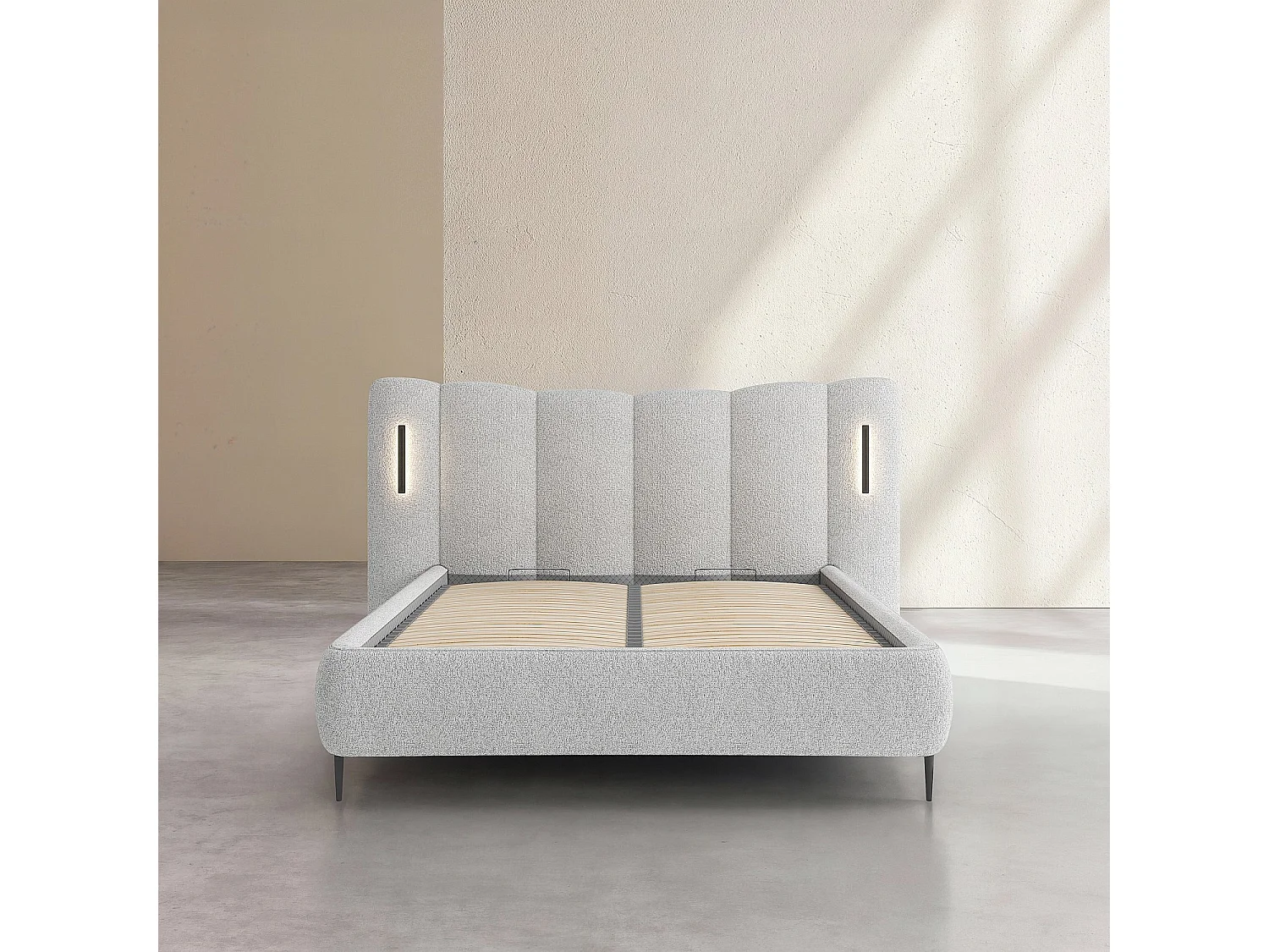 Lit coffre 160 x 200 cm en tissu texturé avec LEDs intégrées - Gris chiné