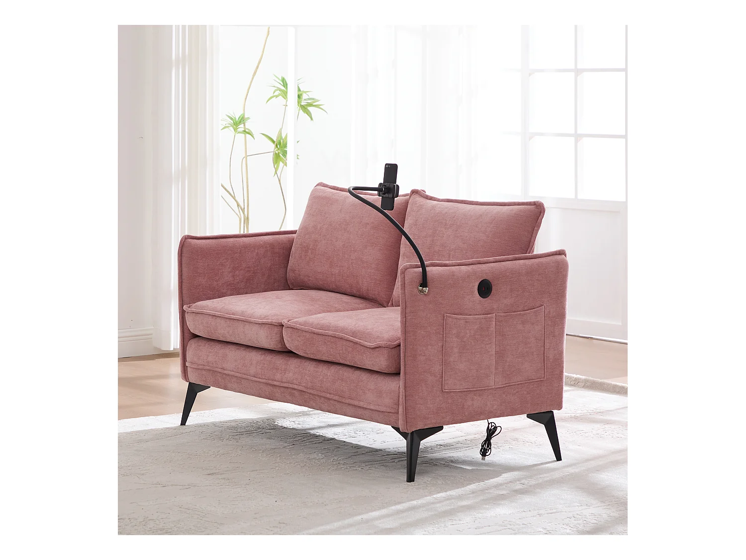 Canapé 2 places rose - Canapé avec poches latérales de rangement et support pour téléphone - pour salon et chambre