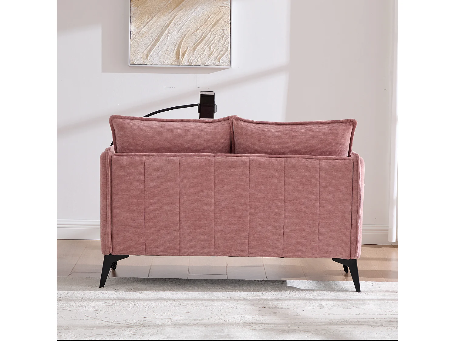 Canapé 2 places rose - Canapé avec poches latérales de rangement et support pour téléphone - pour salon et chambre