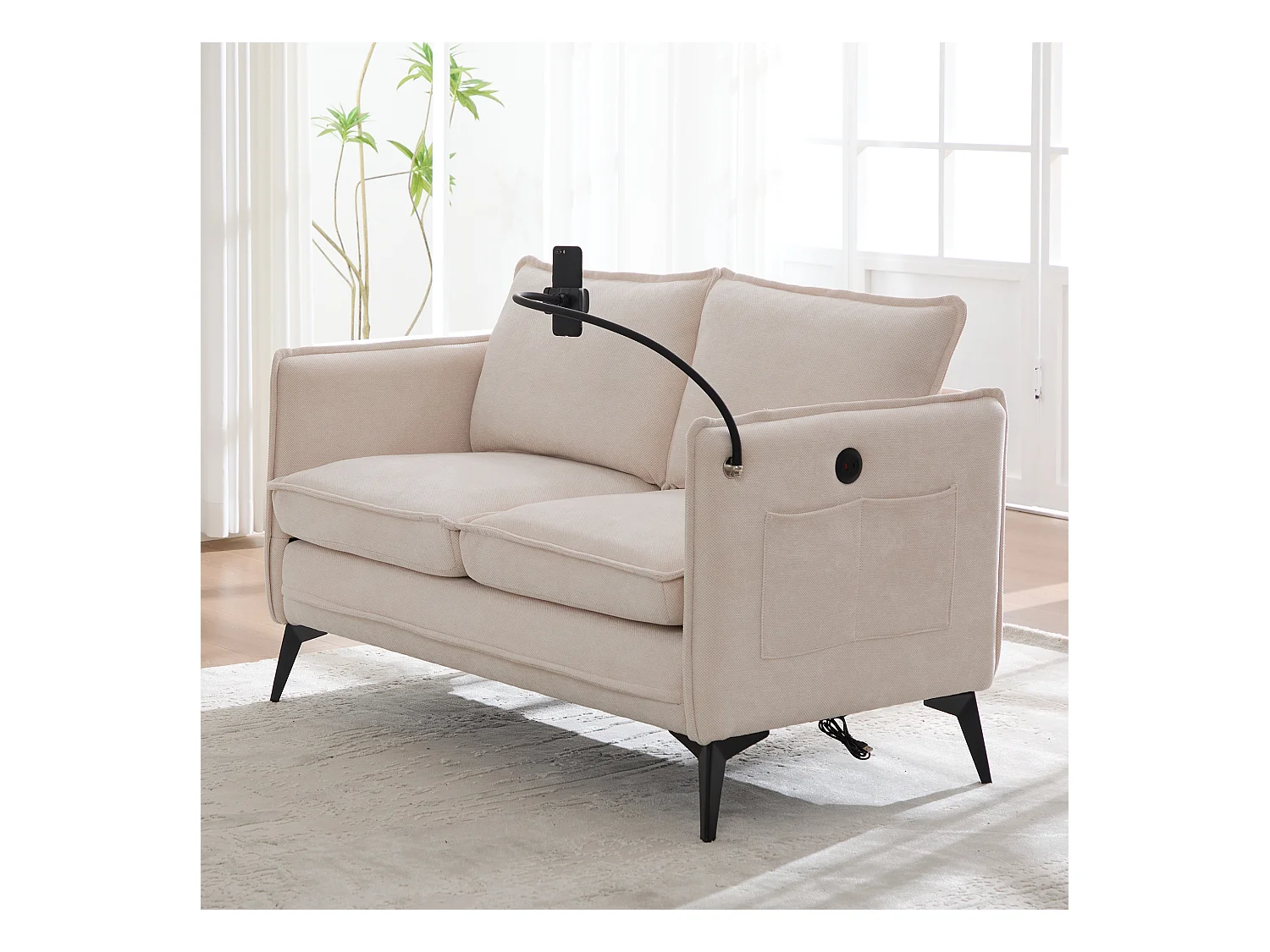 Canapé 2 places beige - Canapé avec poches latérales de rangement et support pour téléphone - pour salon et chambre