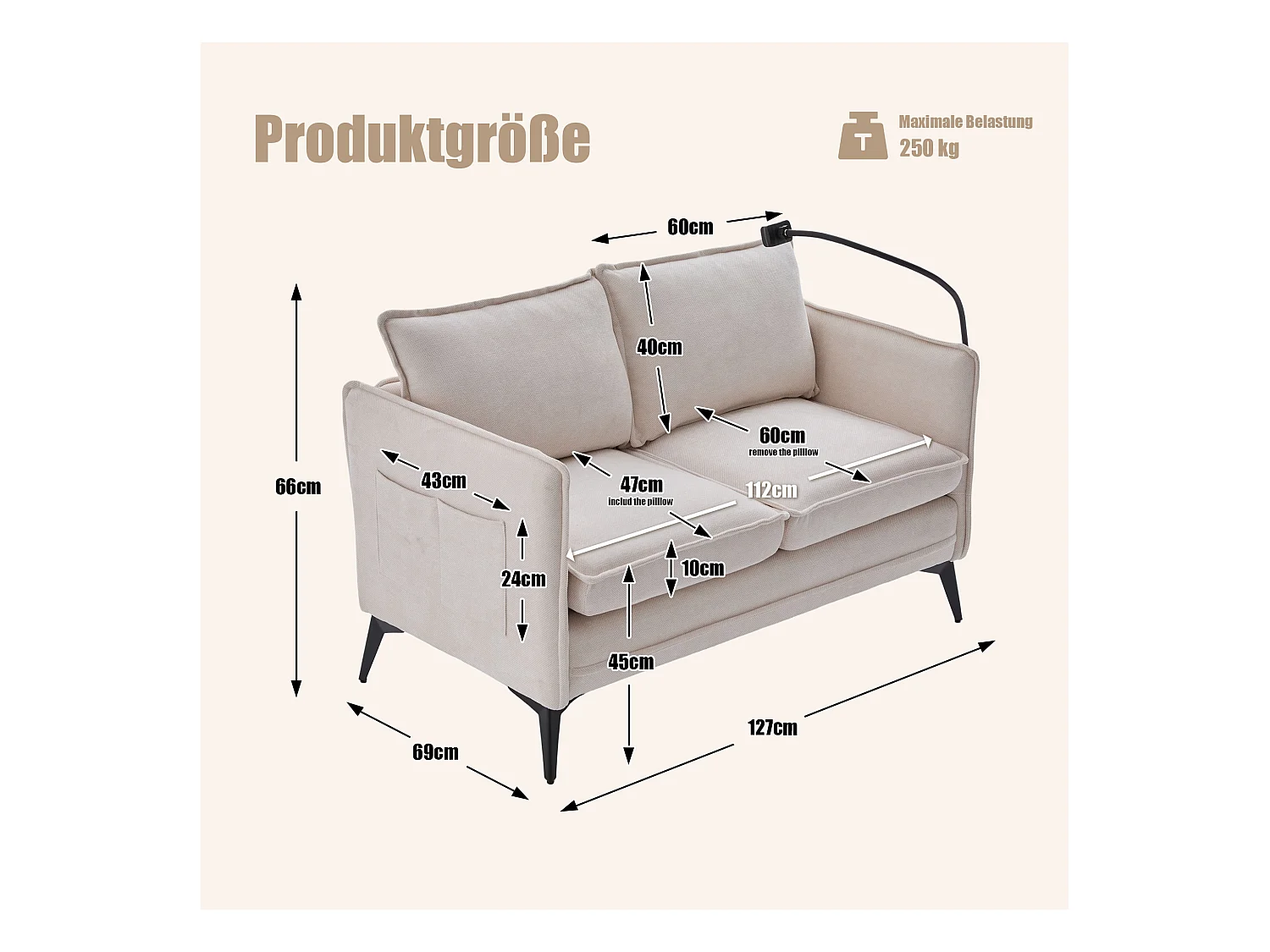 Canapé 2 places beige - Canapé avec poches latérales de rangement et support pour téléphone - pour salon et chambre