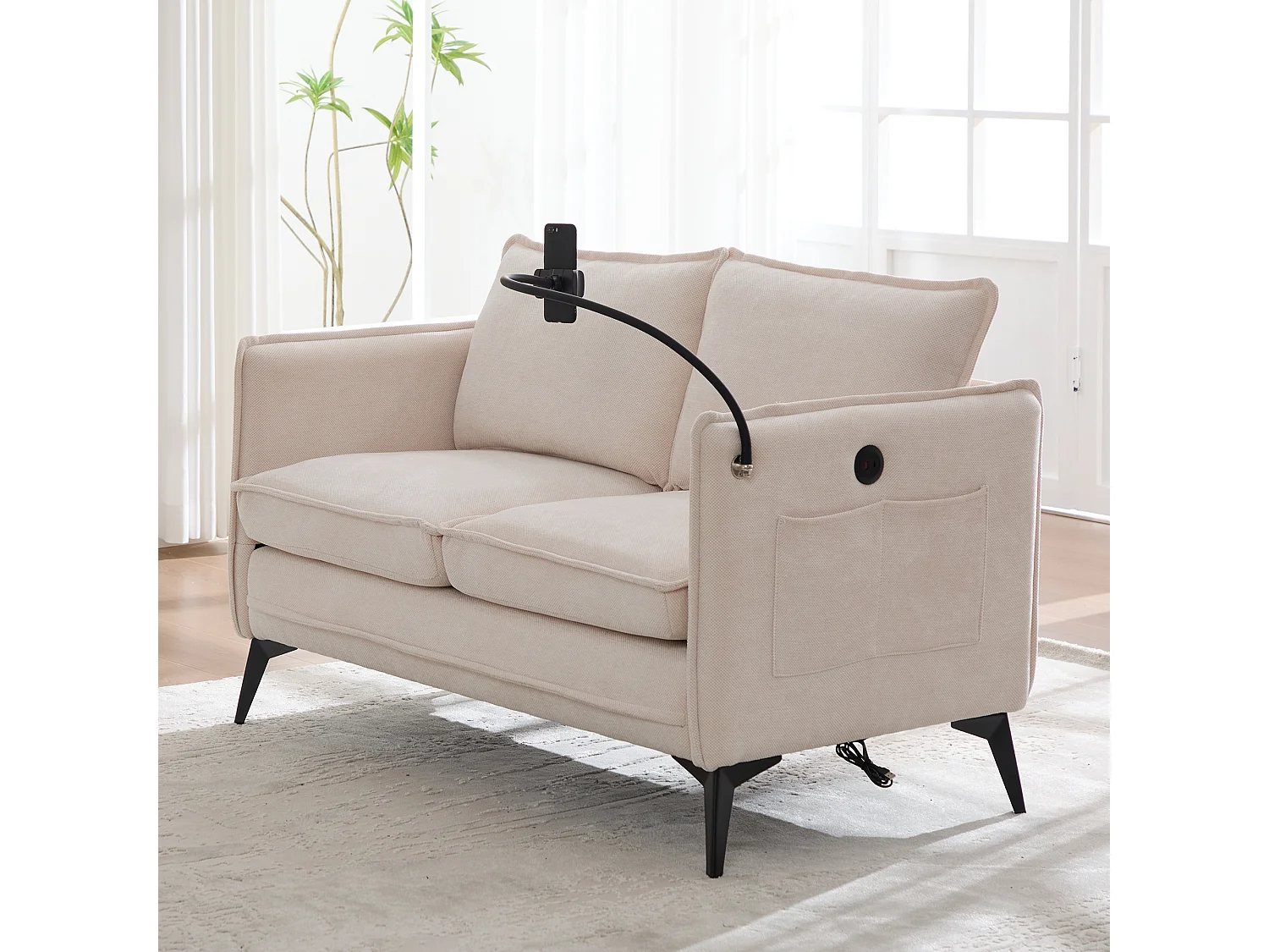 Canapé 2 places beige - Canapé avec poches latérales de rangement et support pour téléphone - pour salon et chambre