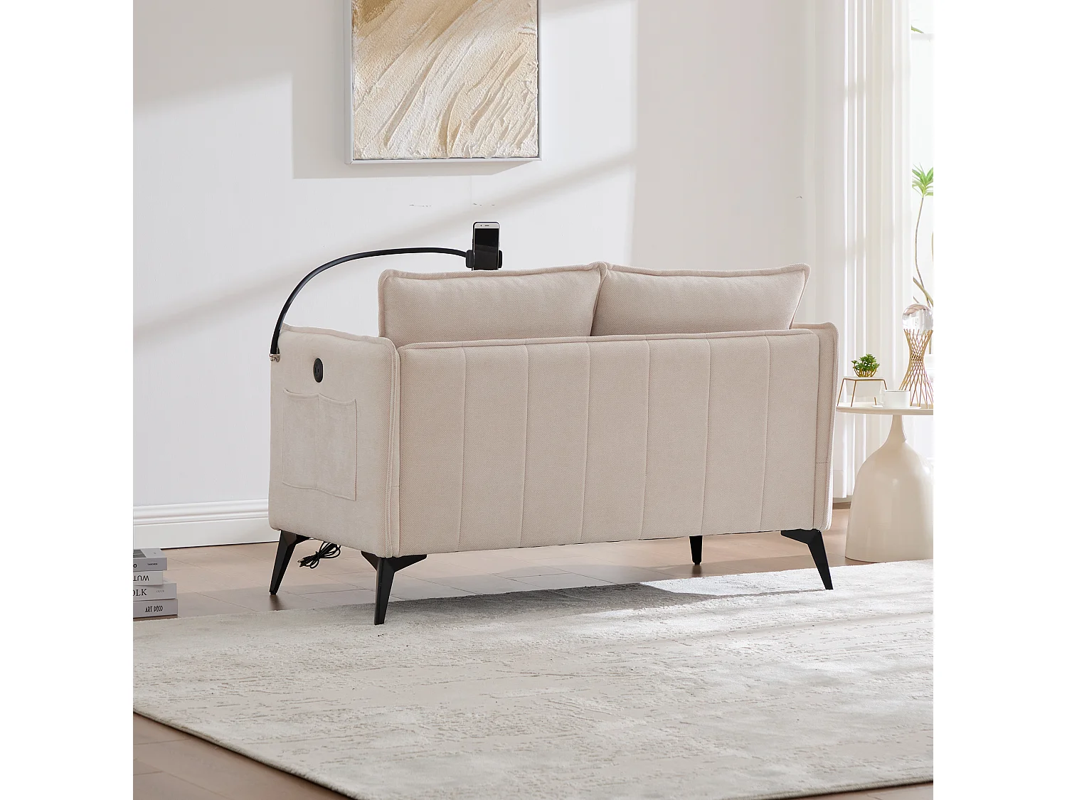 Canapé 2 places beige - Canapé avec poches latérales de rangement et support pour téléphone - pour salon et chambre