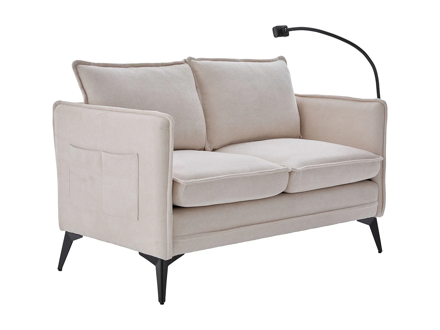 Canapé 2 places beige - Canapé avec poches latérales de rangement et support pour téléphone - pour salon et chambre