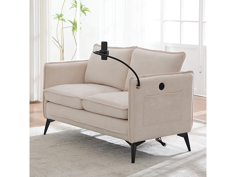 Beige 2-zitsbank - Bank met opbergvakken aan de zijkant en telefoonhouder - voor woonkamer en slaapkamer