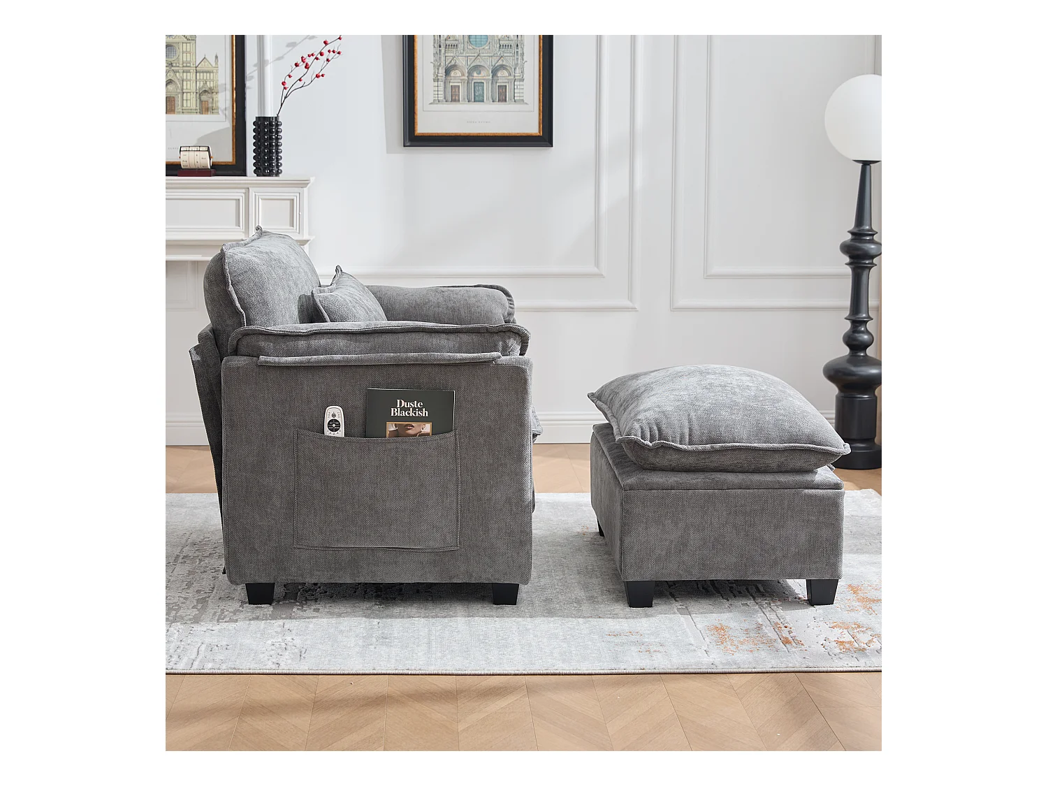 Canapé droit gris - Canapé avec poches latérales et repose-pieds de rangement - pour salon et chambre