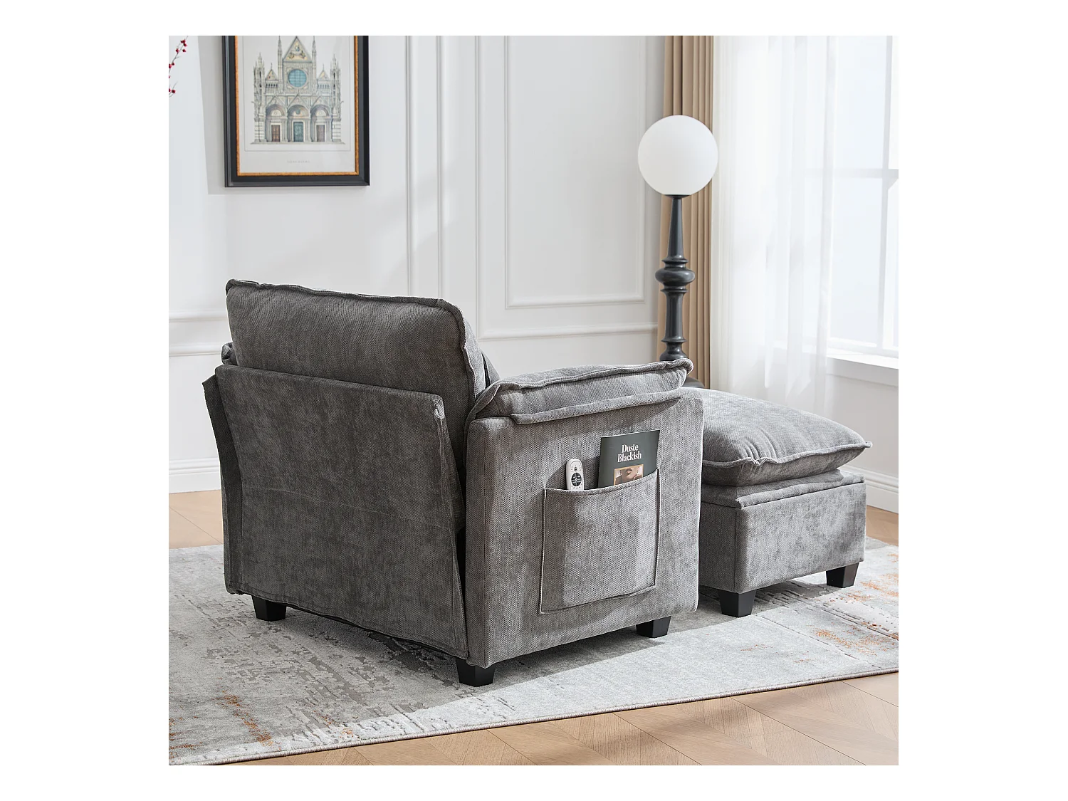 Canapé droit gris - Canapé avec poches latérales et repose-pieds de rangement - pour salon et chambre