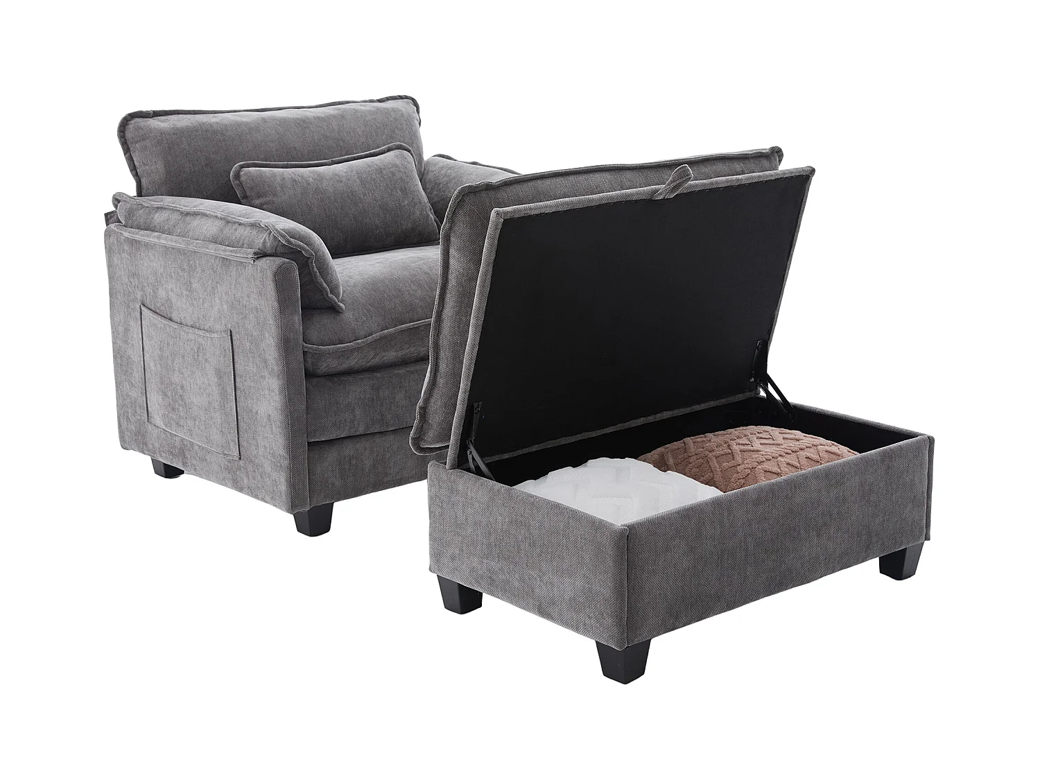 Canapé droit gris - Canapé avec poches latérales et repose-pieds de rangement - pour salon et chambre