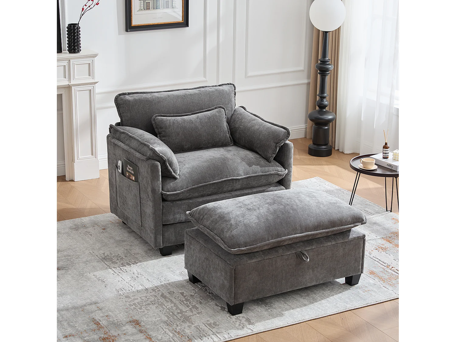 Canapé droit gris - Canapé avec poches latérales et repose-pieds de rangement - pour salon et chambre