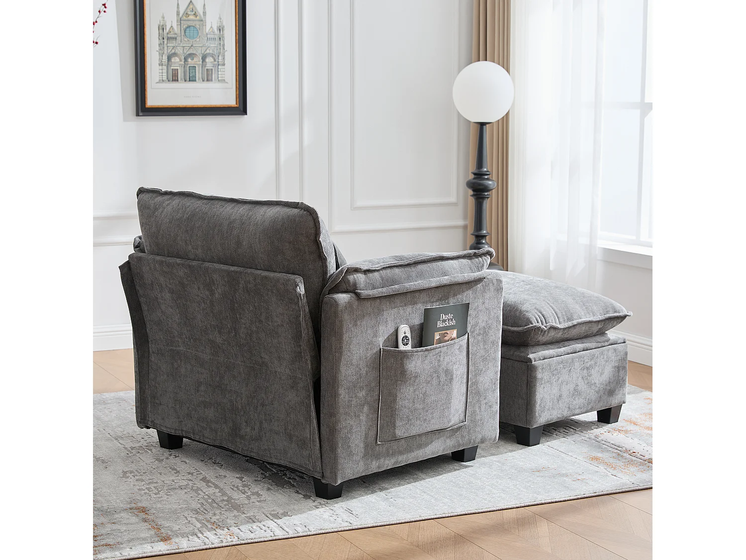 Canapé droit gris - Canapé avec poches latérales et repose-pieds de rangement - pour salon et chambre