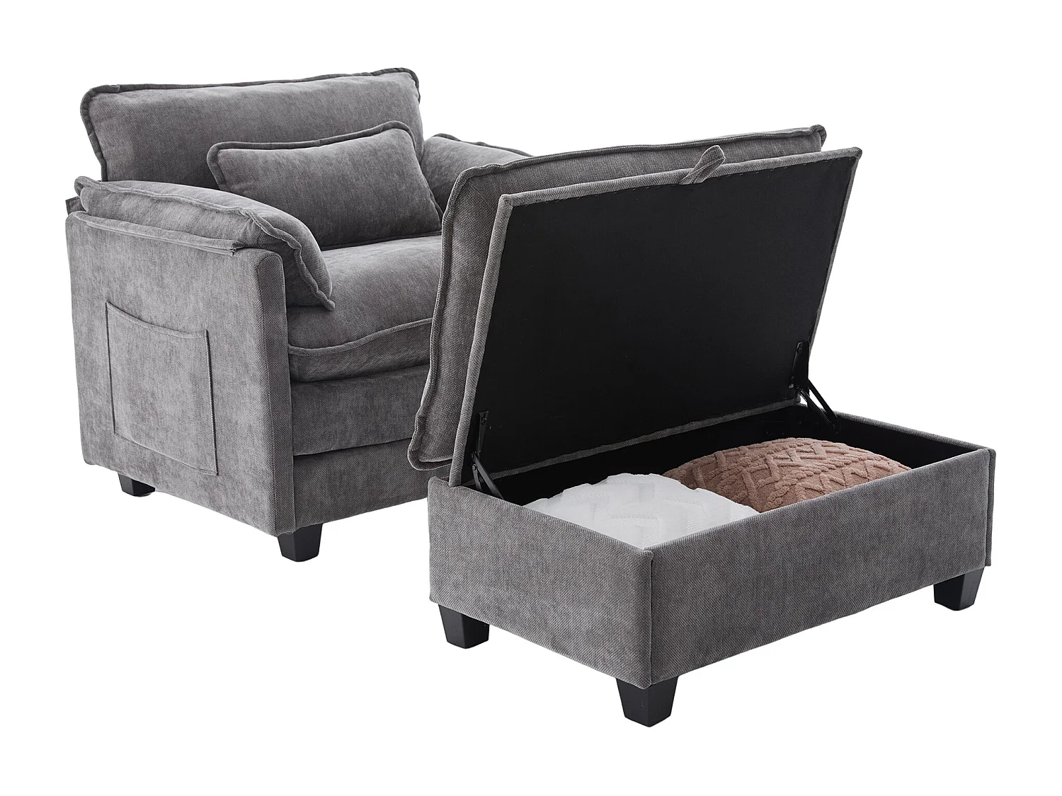 Canapé droit gris - Canapé avec poches latérales et repose-pieds de rangement - pour salon et chambre