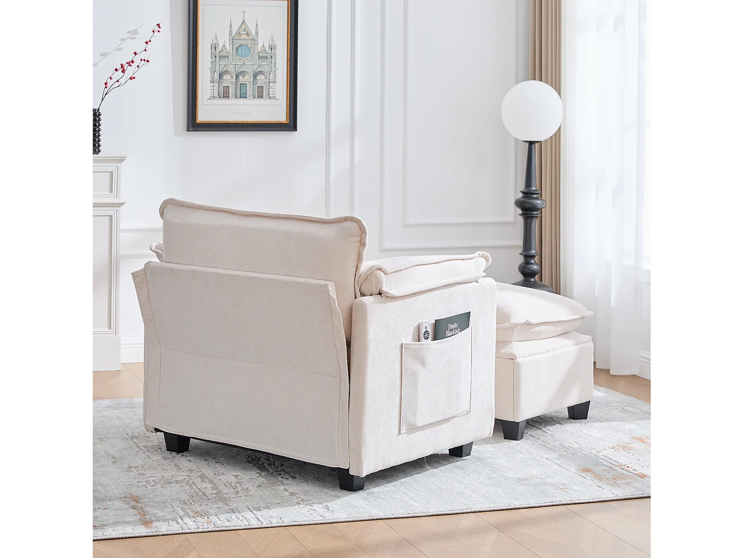 Canapé droit beige - Canapé avec poches latérales et repose-pieds de rangement - pour salon et chambre