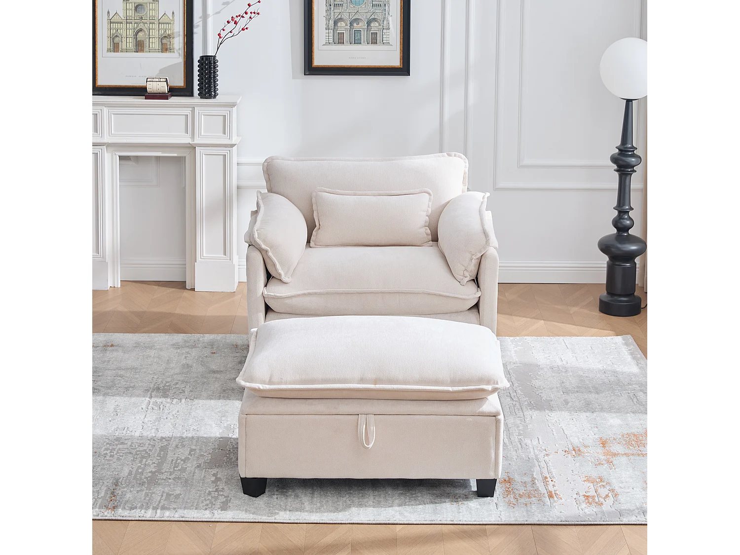 Canapé droit beige - Canapé avec poches latérales et repose-pieds de rangement - pour salon et chambre