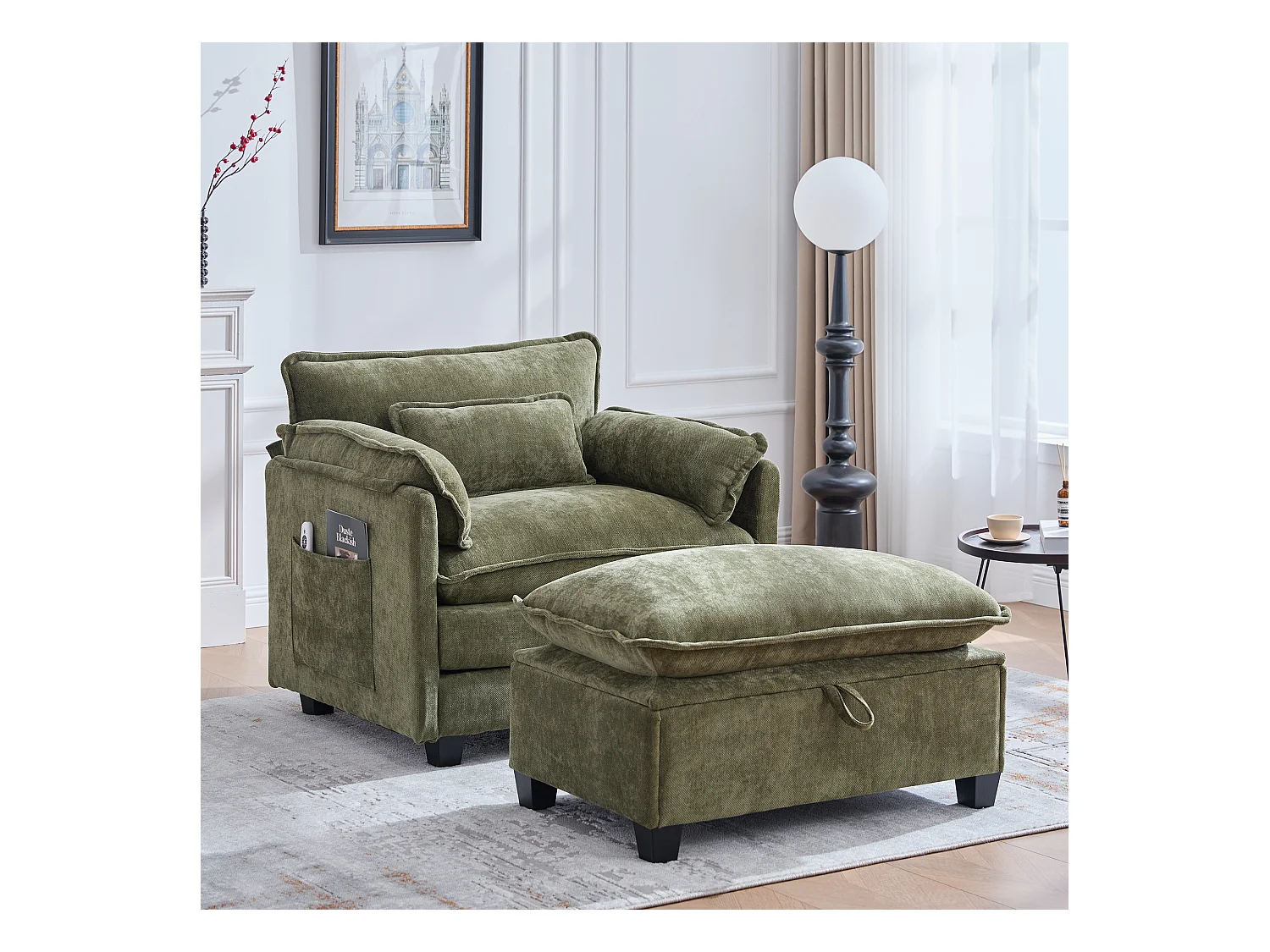 Canapé droit vert - Canapé avec poches latérales et repose-pieds de rangement - pour salon et chambre