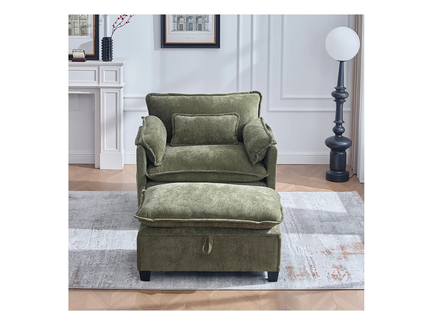 Canapé droit vert - Canapé avec poches latérales et repose-pieds de rangement - pour salon et chambre