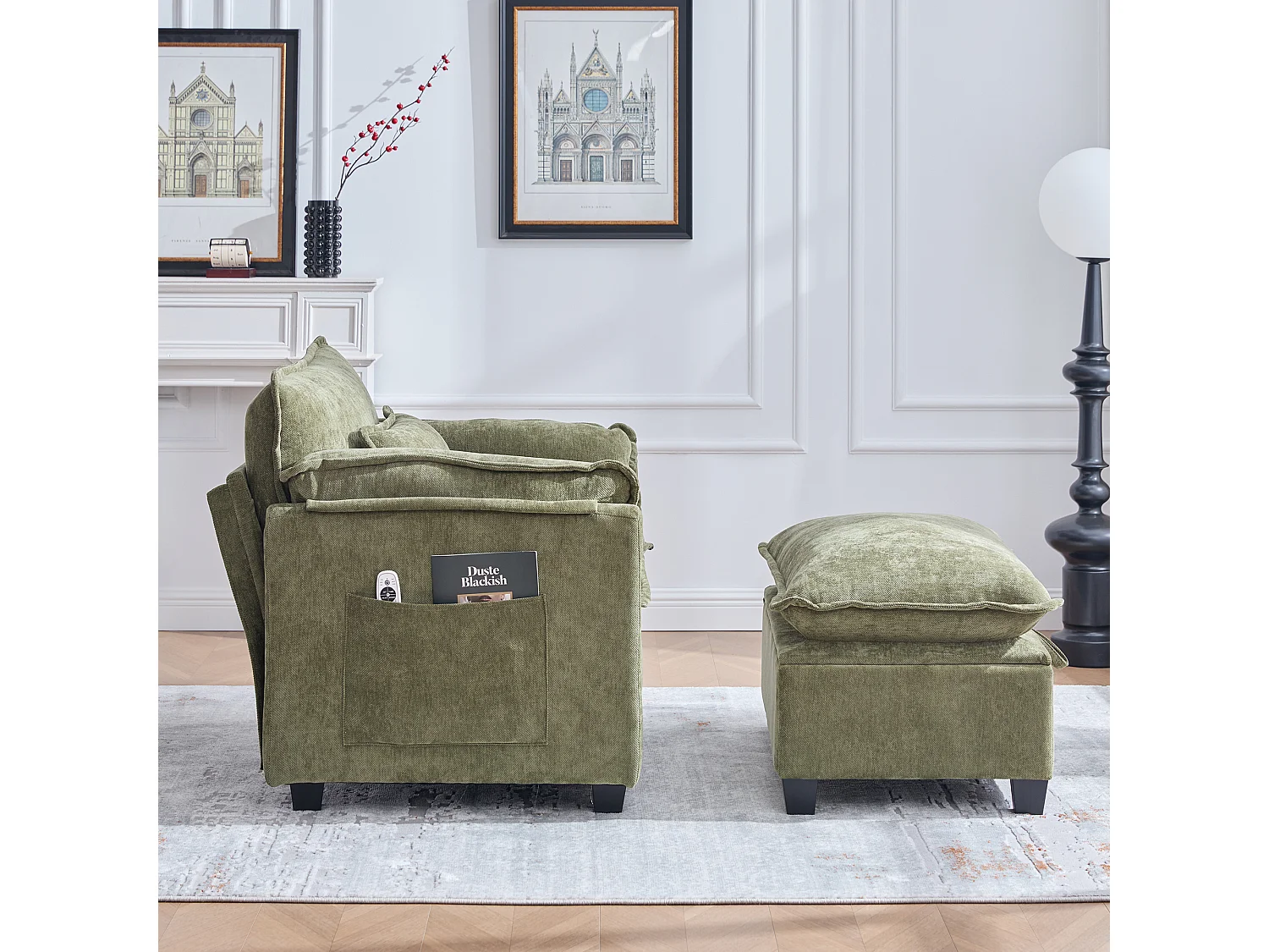 Canapé droit vert - Canapé avec poches latérales et repose-pieds de rangement - pour salon et chambre