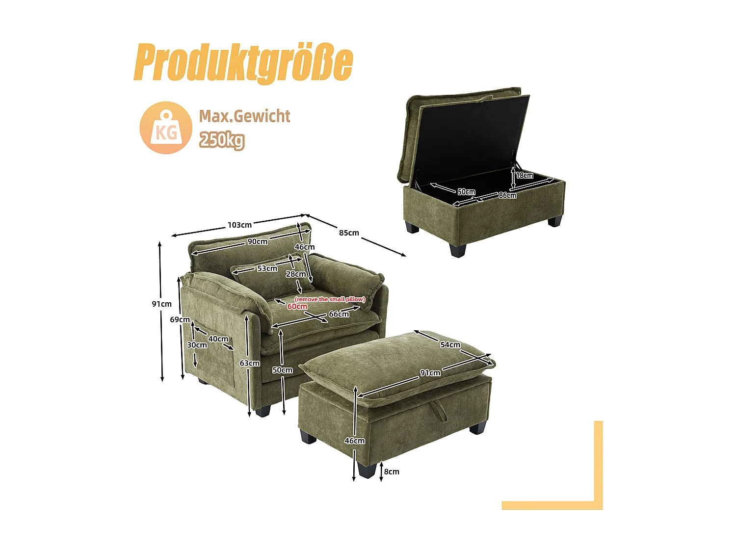 Canapé droit vert - Canapé avec poches latérales et repose-pieds de rangement - pour salon et chambre