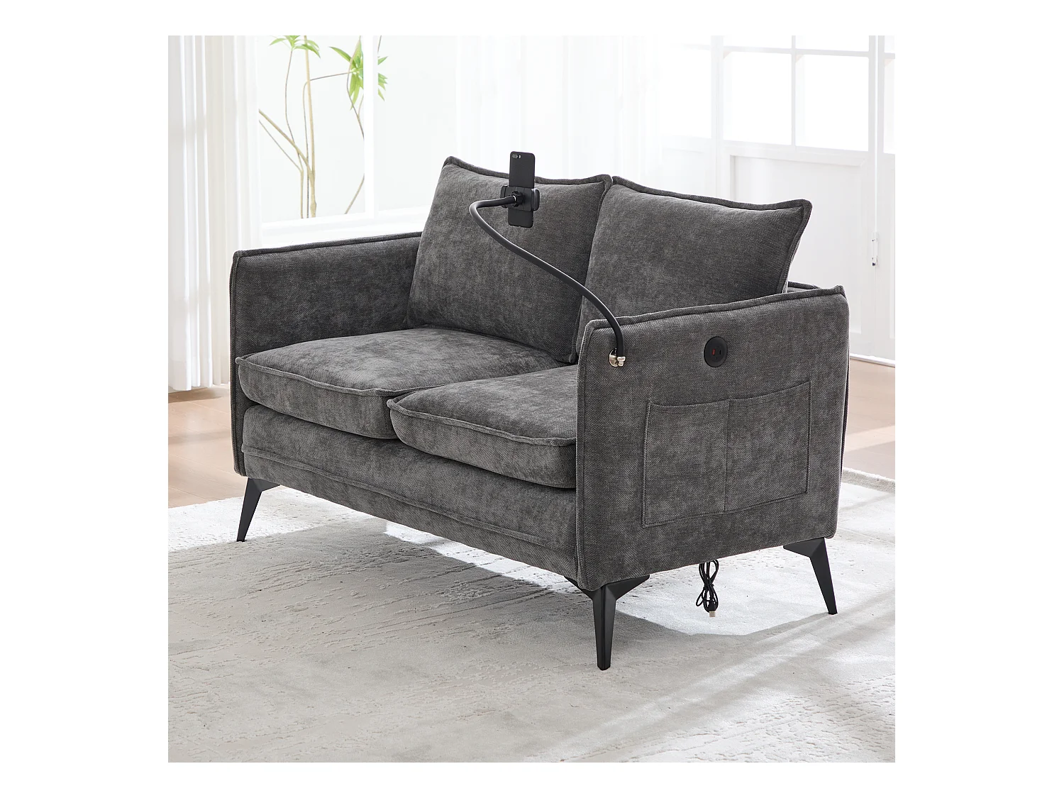 Canapé 2 places gris - Canapé avec poches latérales de rangement et support pour téléphone - pour salon et chambre