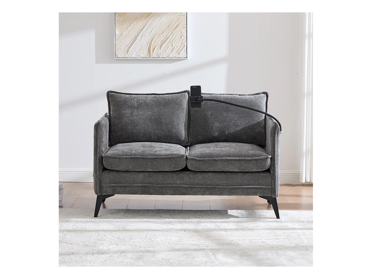 Canapé 2 places gris - Canapé avec poches latérales de rangement et support pour téléphone - pour salon et chambre
