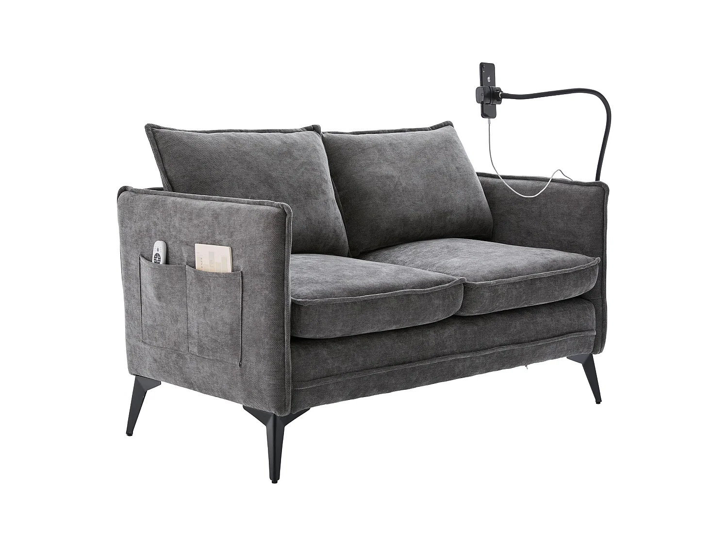 Canapé 2 places gris - Canapé avec poches latérales de rangement et support pour téléphone - pour salon et chambre