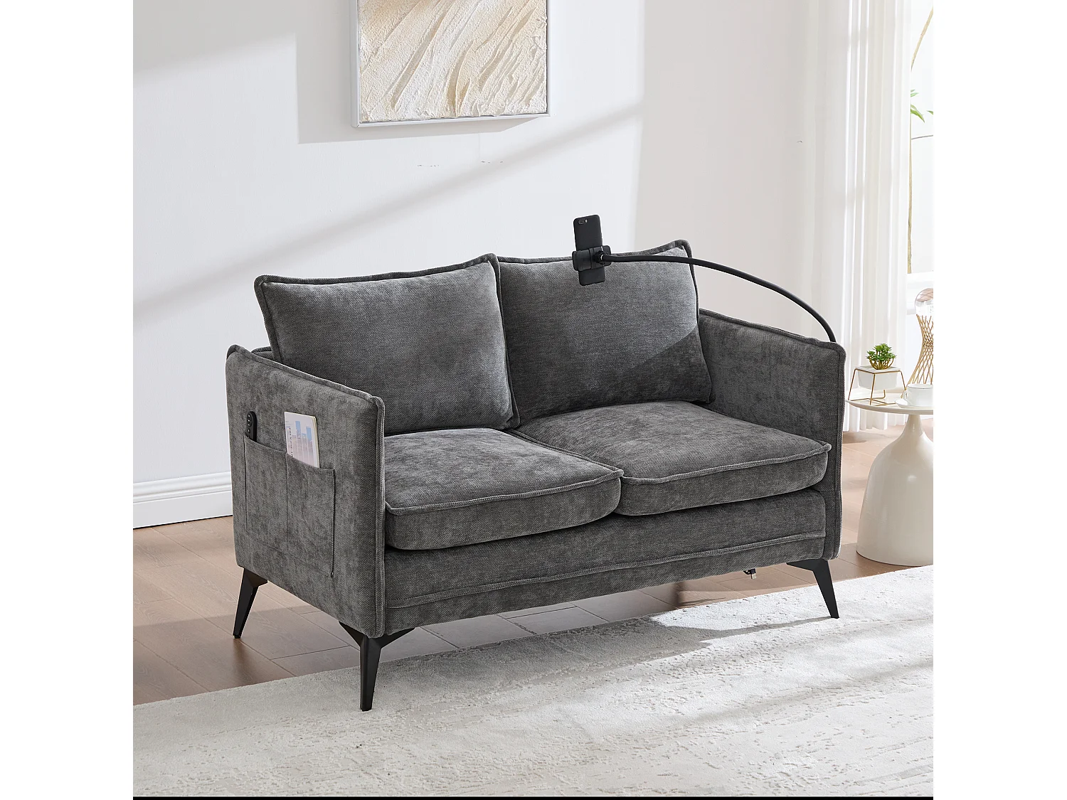 Canapé 2 places gris - Canapé avec poches latérales de rangement et support pour téléphone - pour salon et chambre