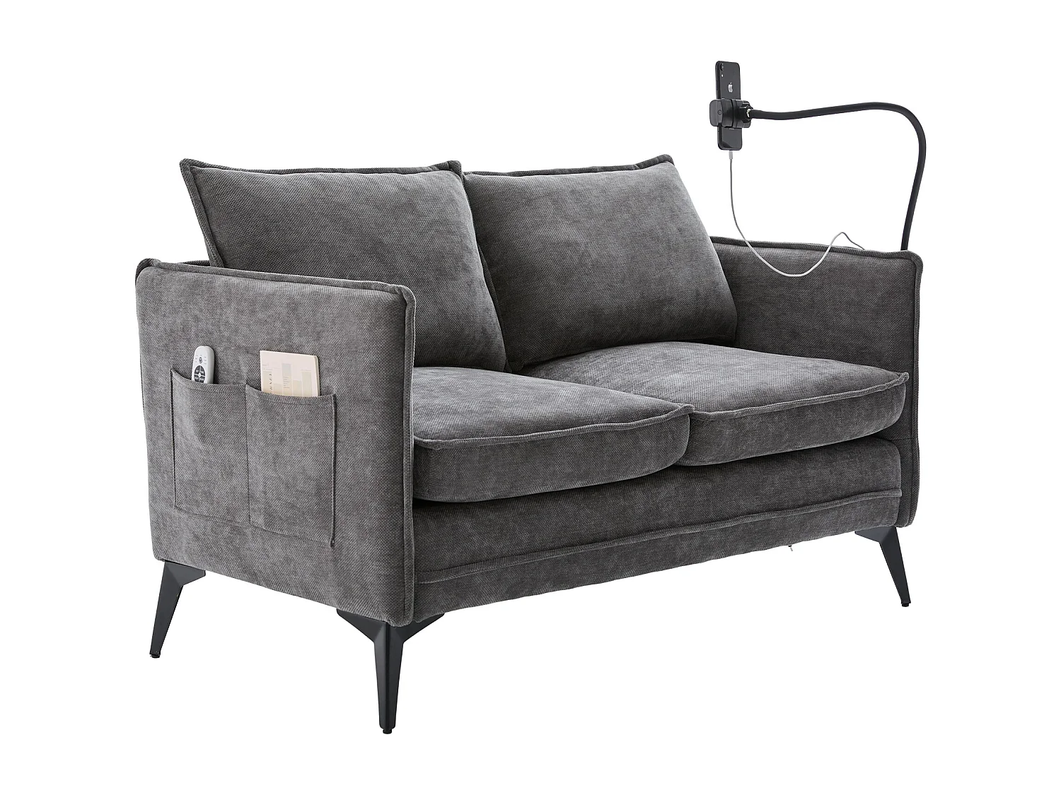 Canapé 2 places gris - Canapé avec poches latérales de rangement et support pour téléphone - pour salon et chambre