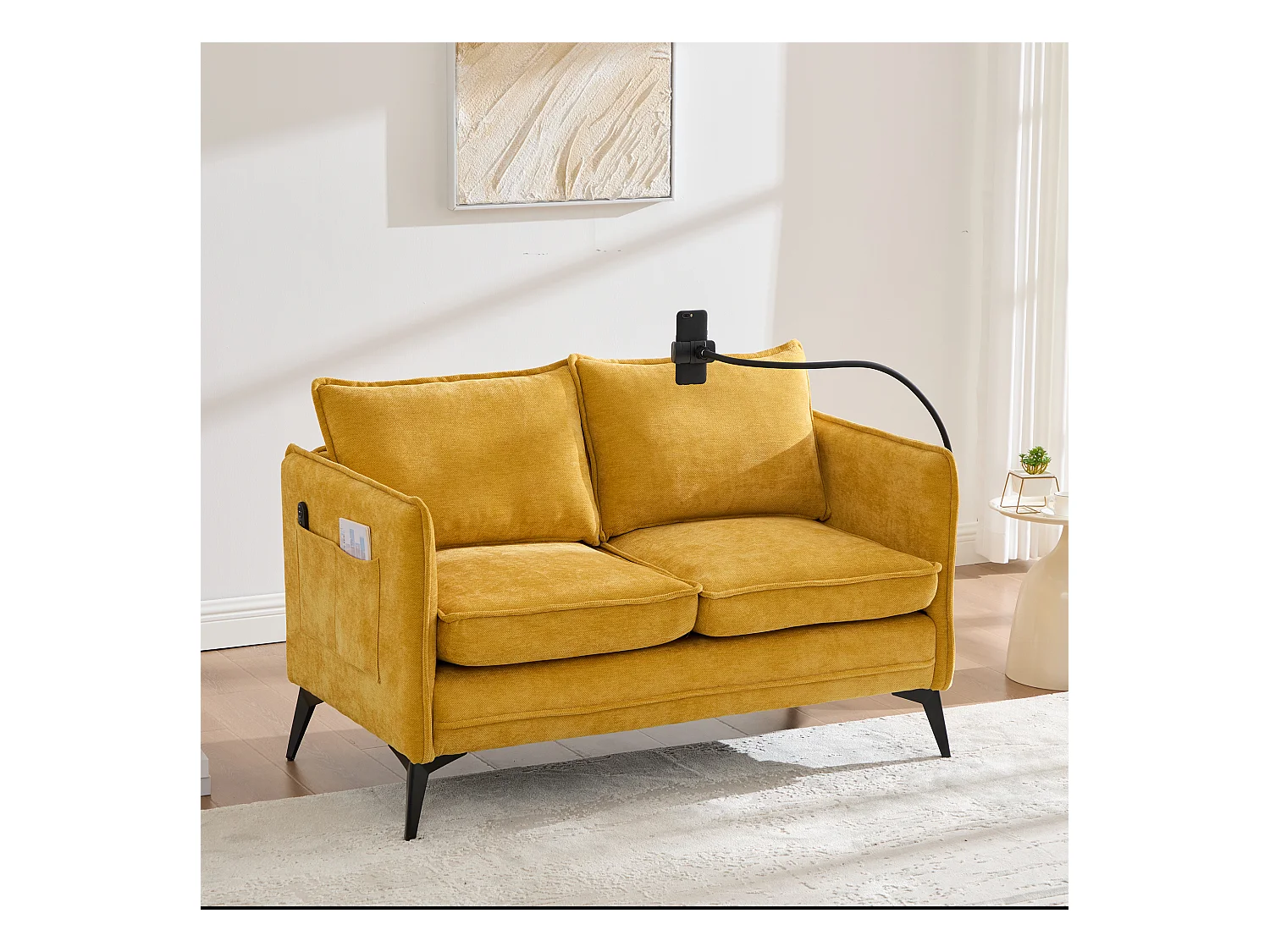 Canapé 2 places jaune - Canapé avec poches latérales de rangement et support pour téléphone - pour salon et chambre