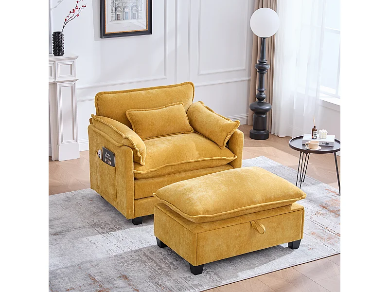Żółta sofa z bocznymi kieszeniami i podnóżkiem ze schowkiem - szenil - do salonu i sypialni