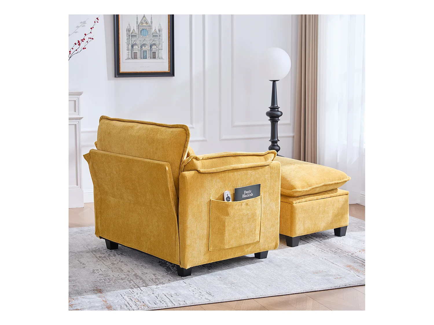 Canapé droit jaune - Canapé avec poches latérales et repose-pieds de rangement - pour salon et chambre