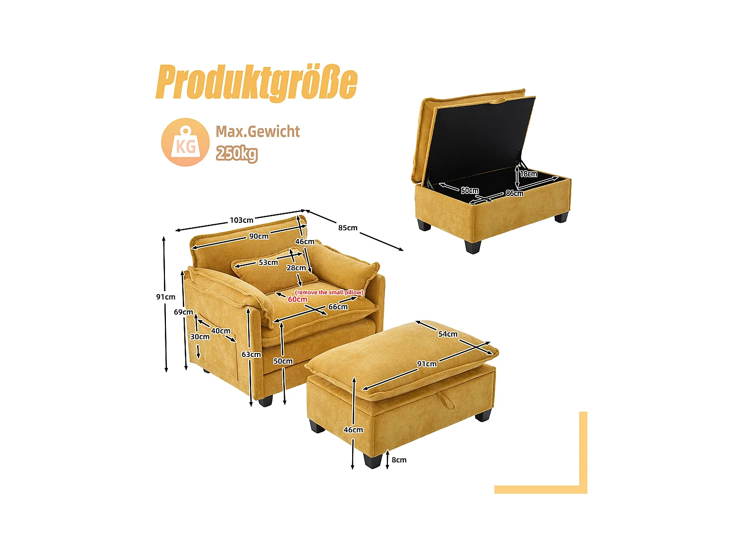 Canapé droit jaune - Canapé avec poches latérales et repose-pieds de rangement - pour salon et chambre