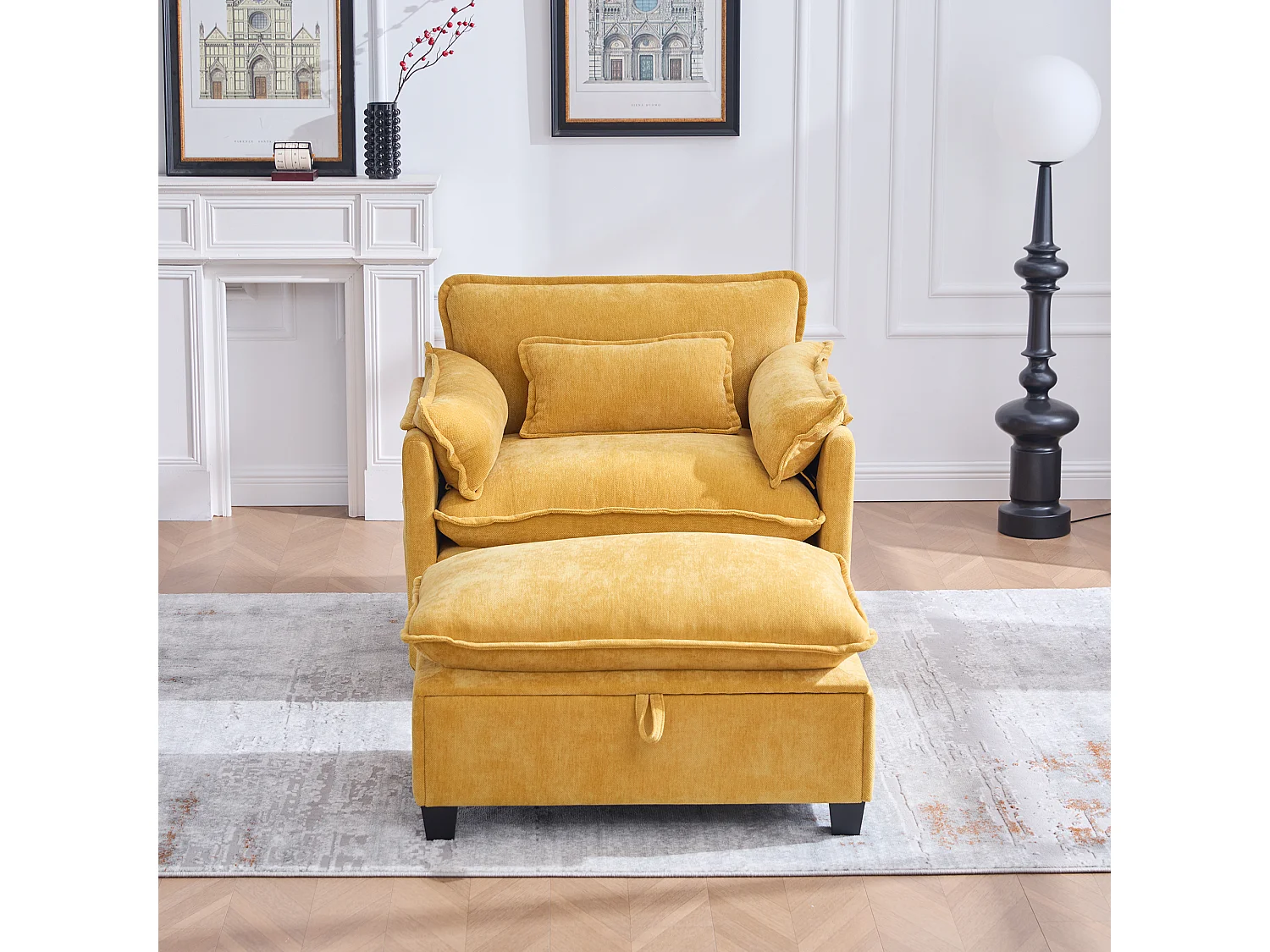 Canapé droit jaune - Canapé avec poches latérales et repose-pieds de rangement - pour salon et chambre