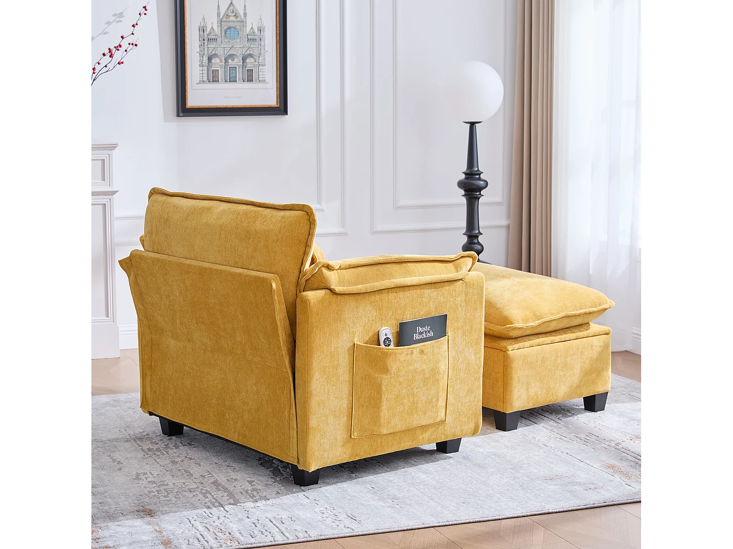 Canapé droit jaune - Canapé avec poches latérales et repose-pieds de rangement - pour salon et chambre