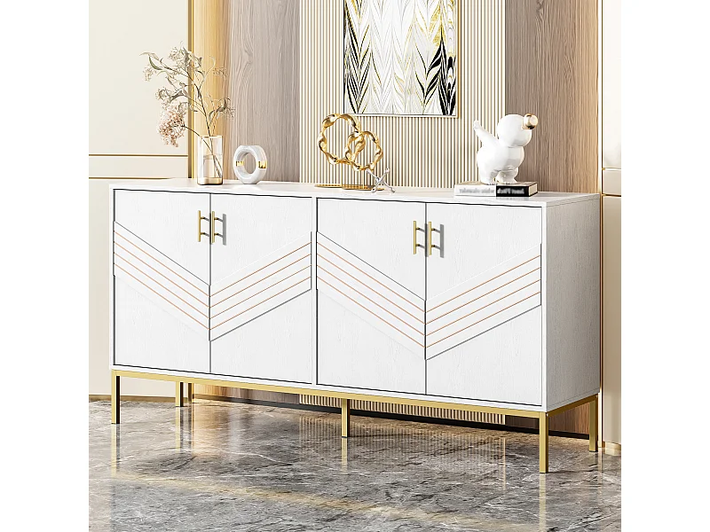 Buffet blanc - Buffet avec 4 portes et pieds en métal - étagères réglables en hauteur - pour salon et salle à manger