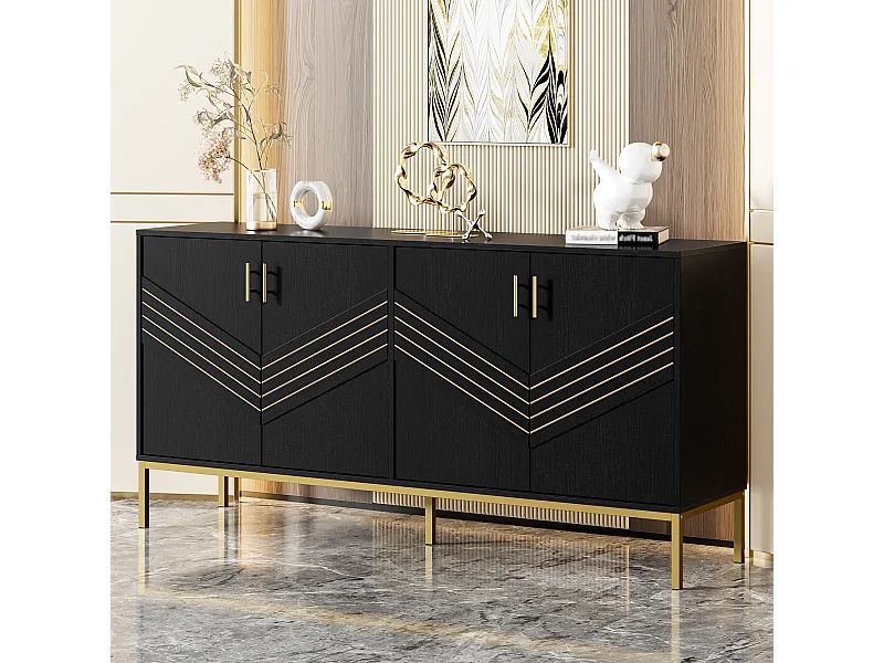 Aparador negro - Aparador con 4 puertas y patas de metal - estantes regulables en altura - para salón y comedor