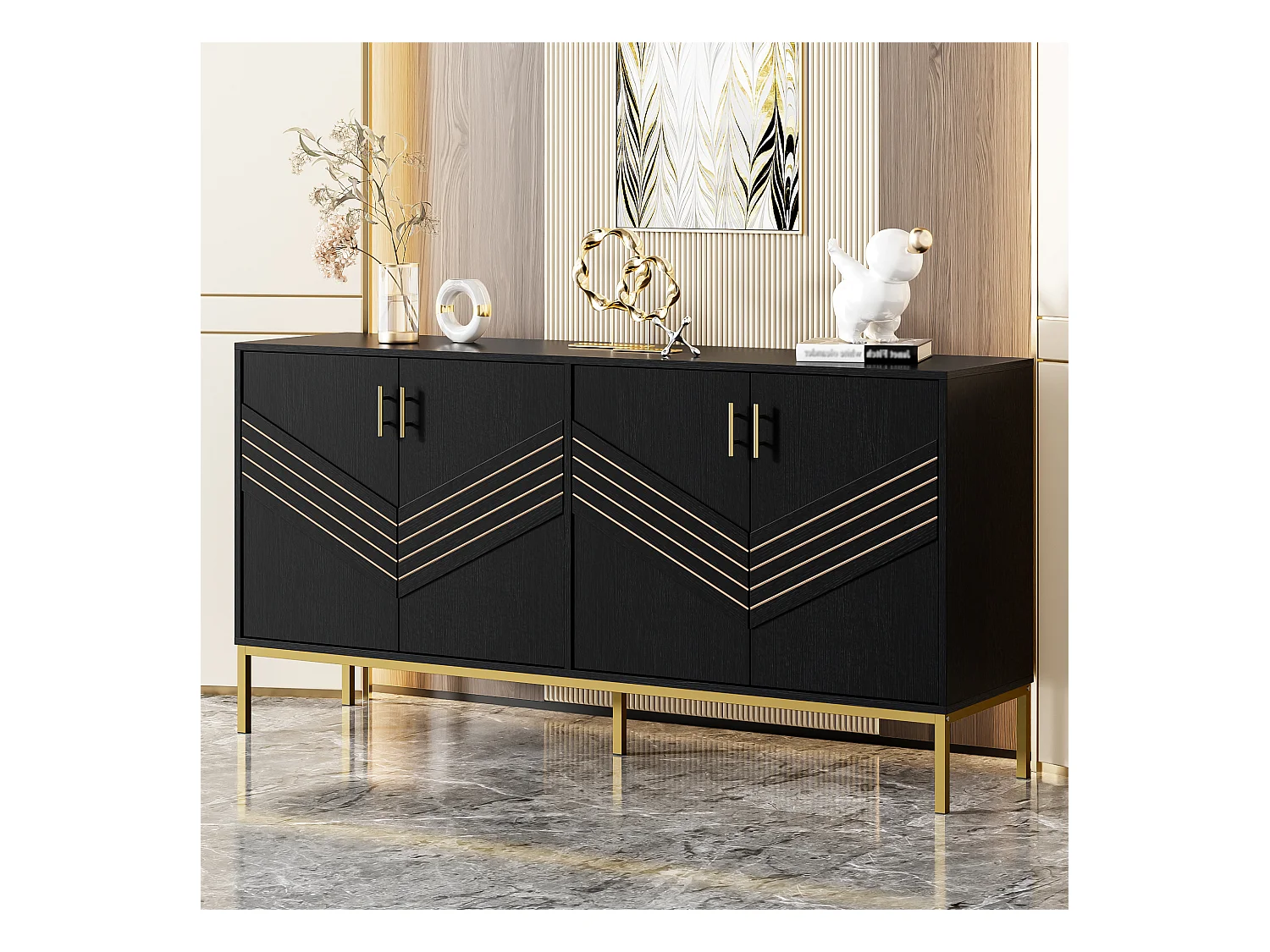 Buffet noir - Buffet avec 4 portes et pieds en métal - étagères réglables en hauteur - pour salon et salle à manger