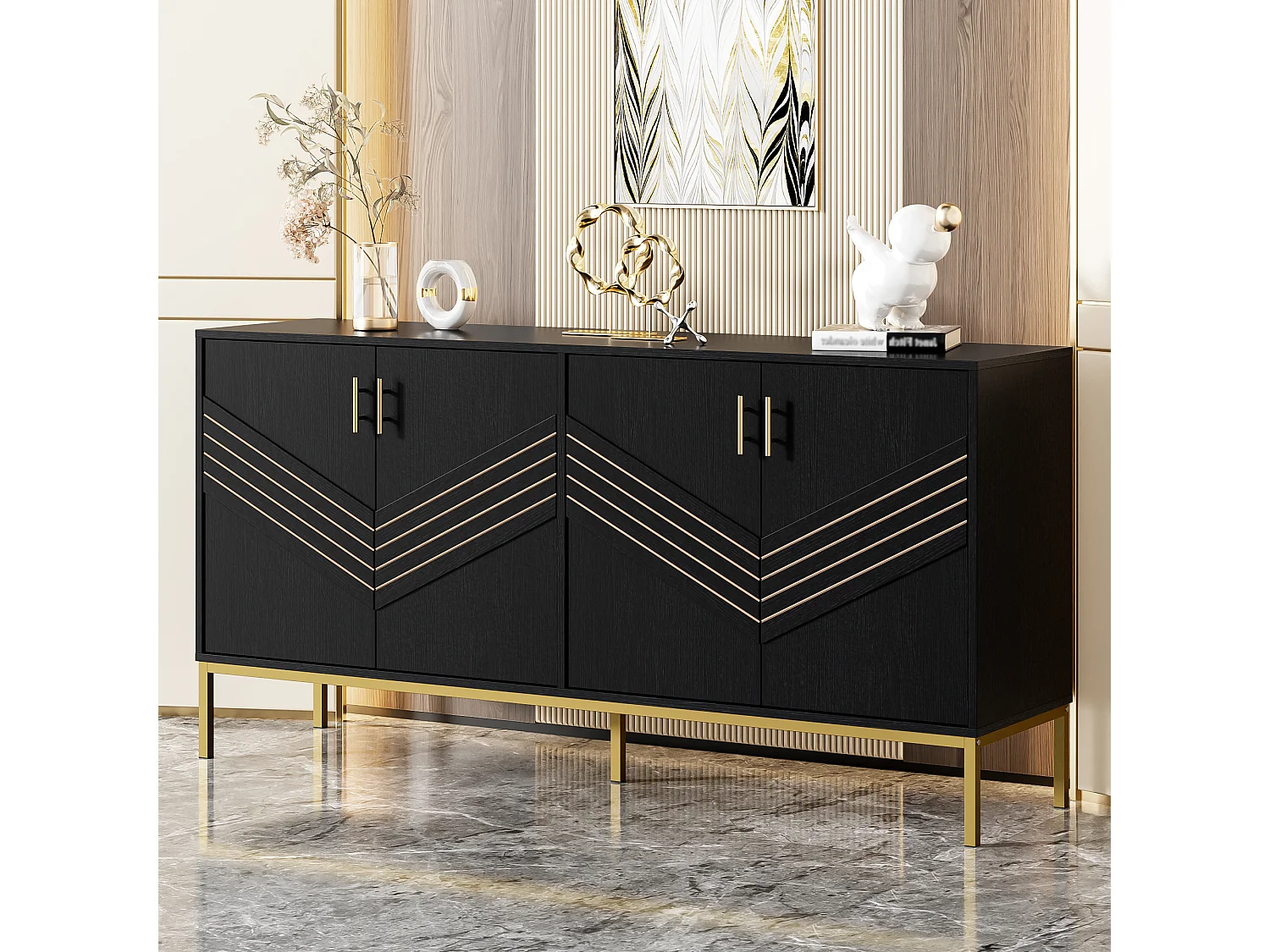 Buffet noir - Buffet avec 4 portes et pieds en métal - étagères réglables en hauteur - pour salon et salle à manger