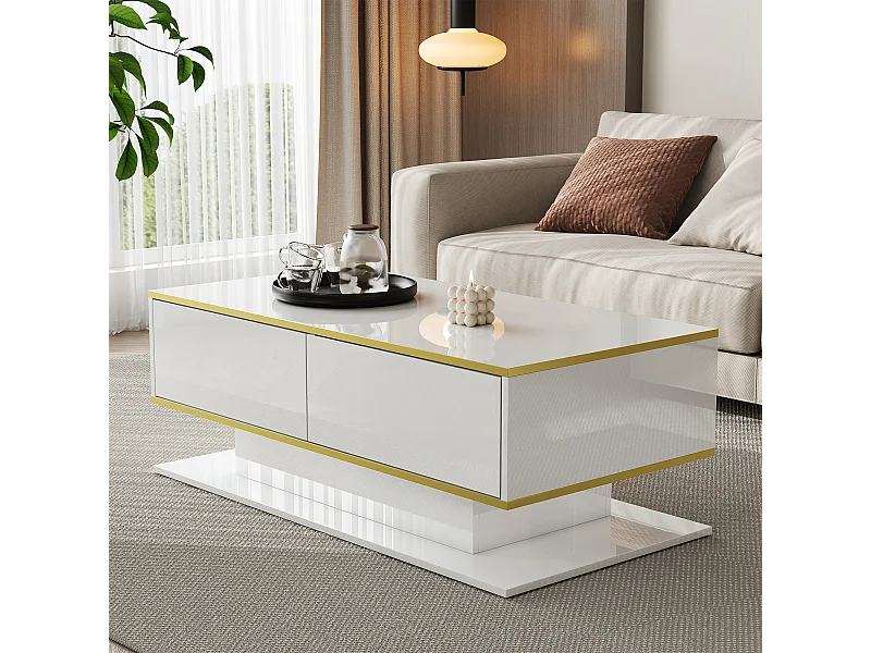Table basse blanche - Table basse avec 3 tiroirs et lumières LED - rangement ouvert - pour salon